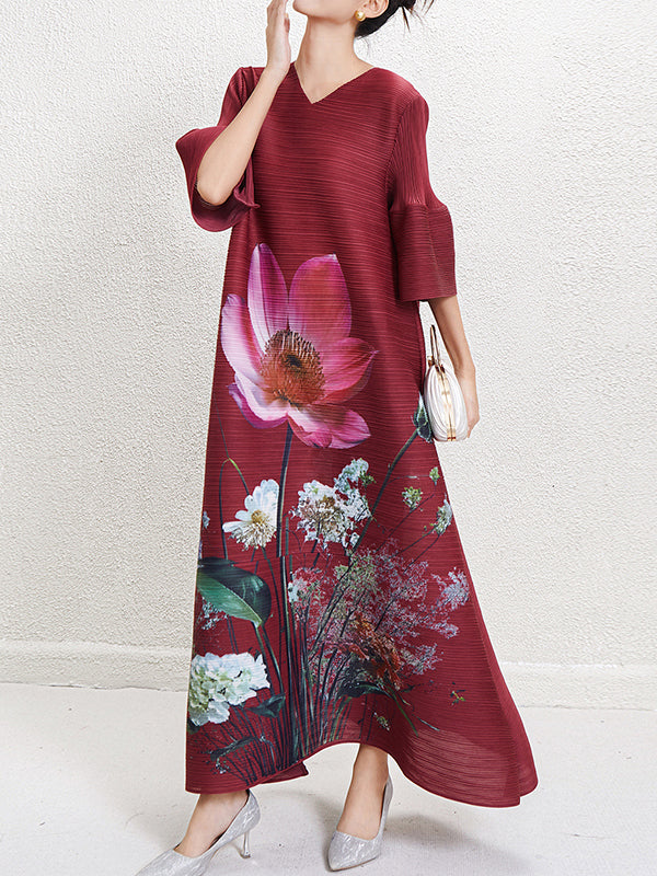 A-Line Flared Sleeves Flower Print Pleated V-Neck Maxi Dresses