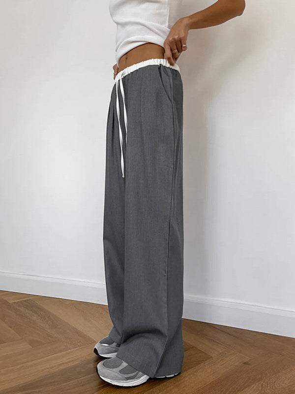 High Waisted Loose Contrast Color Drawstring Pockets Pants Trousers