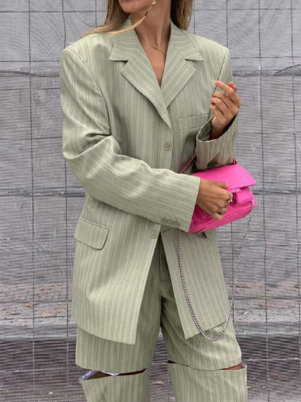 Long Sleeves Loose Buttoned Pockets Striped Notched Collar Blazer Top + Hollow Pants Bottom Two Pieces Set