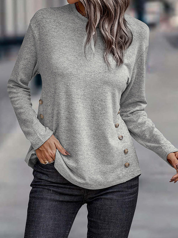 Long Sleeves Loose Buttoned Solid Color Round-Neck T-Shirts Tops