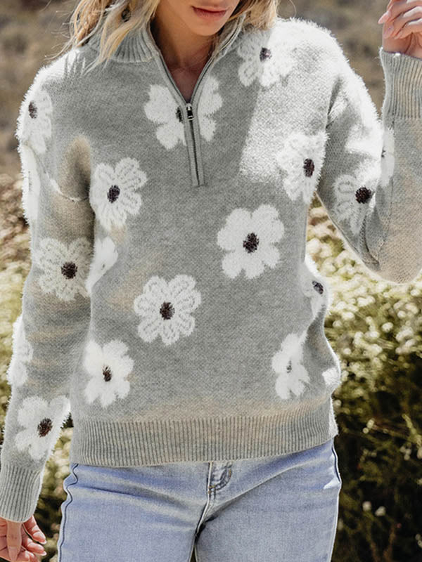 Long Sleeves Loose Knitted Flower Zipper Stand Collar Pullovers Sweater Tops