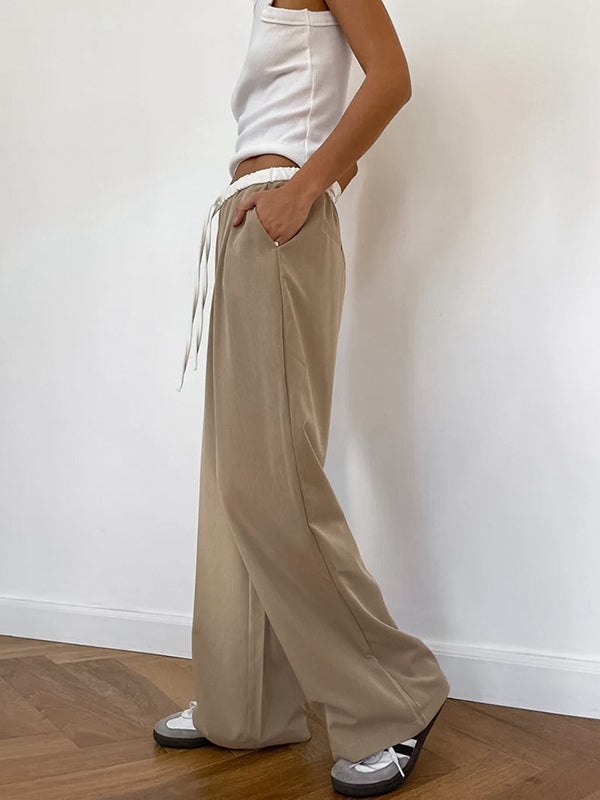 High Waisted Loose Contrast Color Drawstring Pockets Pants Trousers