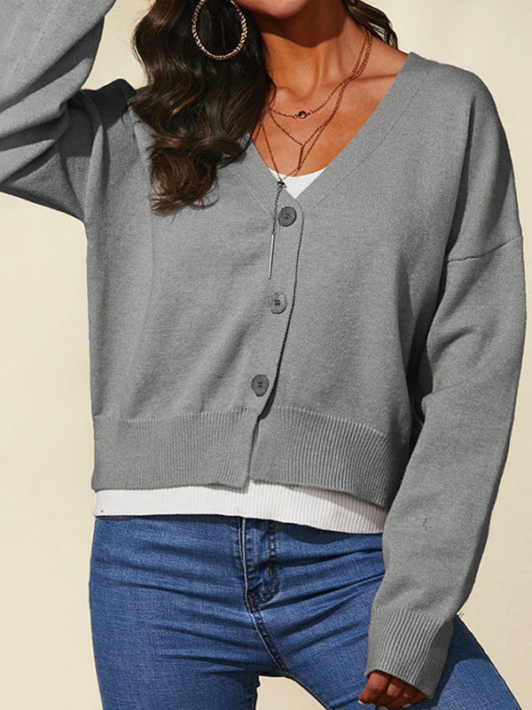 Long Sleeves Loose Buttoned Solid Color Split-Joint V-Neck Cardigan Tops