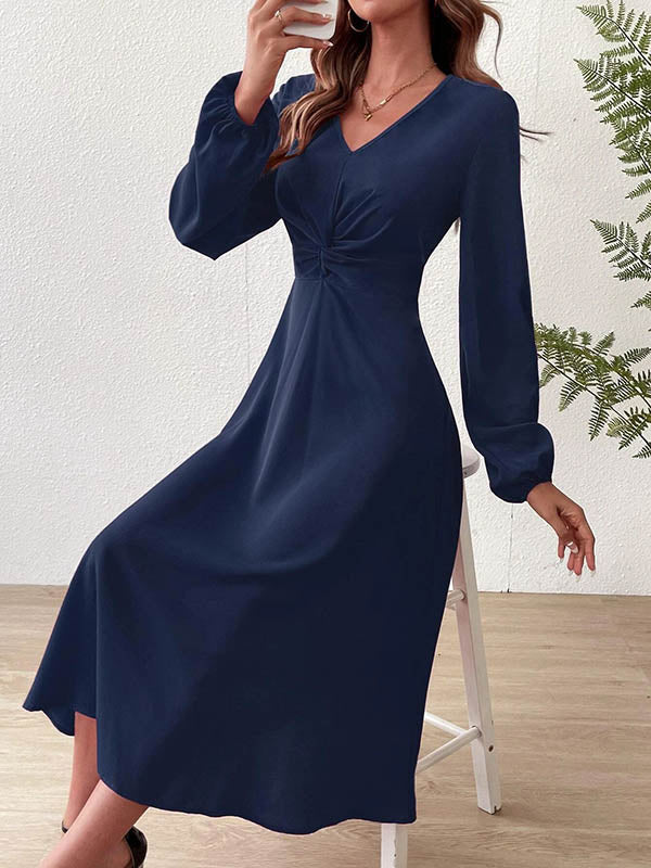 A-Line High Waisted Pleated Solid Color Zipper V-Neck Midi Dresses