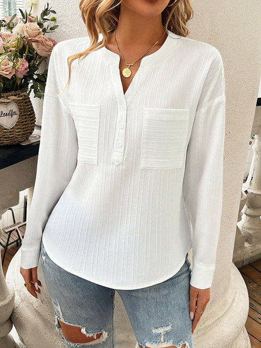 Long Sleeves Loose Buttoned Pockets Solid Color V-Neck Blouses&Shirts Tops