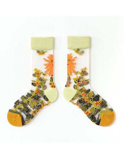 Breathable Flower Print See-Through Split-Joint Sweat-Absorbing Socks Accessories