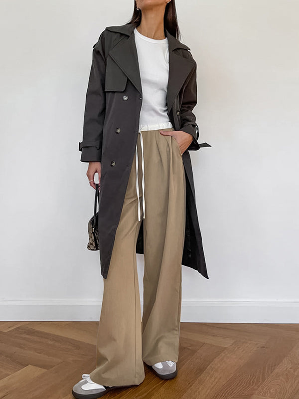 High Waisted Loose Contrast Color Drawstring Pockets Pants Trousers