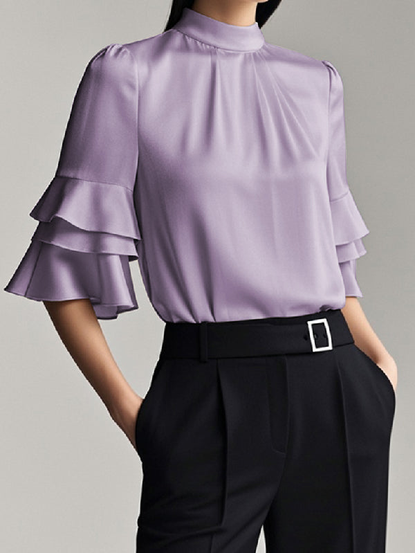 Half Sleeves Loose Layered Pleated Solid Color Split-Joint Mock Neck Blouses&Shirts Tops