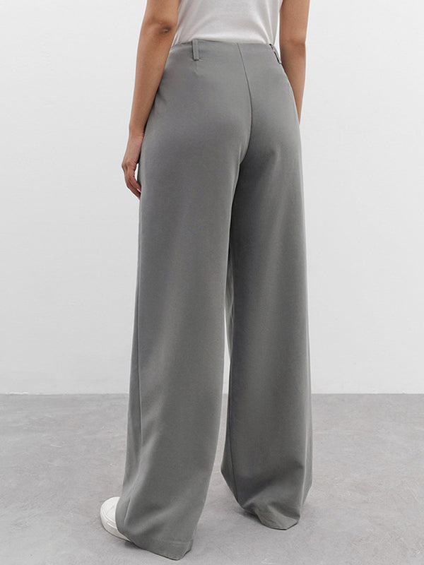 High Waisted Wide Leg Pleated Pockets Solid Color Suit Pants Trousers