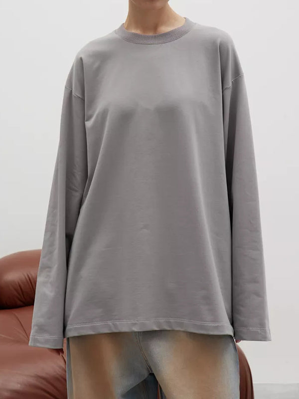 Long Sleeves Loose Solid Color Round-Neck T-Shirts Tops