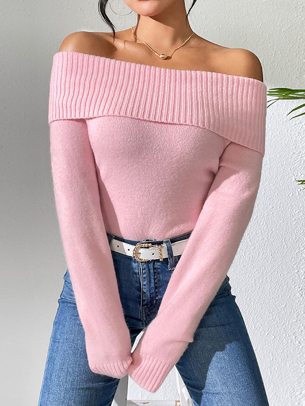 Long Sleeves Solid Color Off-The-Shoulder Pullovers Sweater Tops