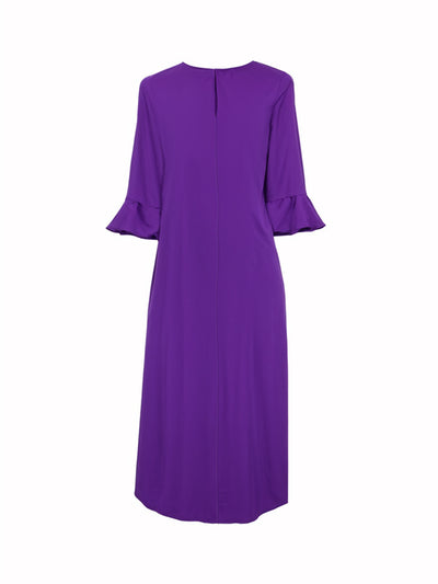 Flared Sleeves Half Sleeves Hollow Solid Color Split-Joint Round-Neck Midi Dresses