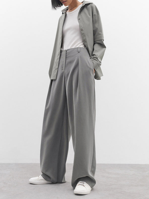 High Waisted Wide Leg Pleated Pockets Solid Color Suit Pants Trousers