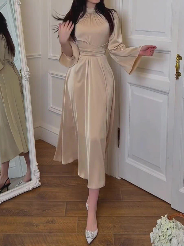 Long Sleeves Loose Pleated Solid Color Tied Waist Mock Neck Maxi Dresses