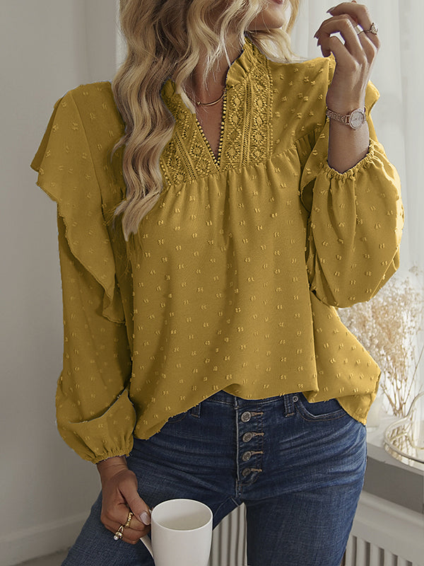 Long Sleeves Loose Elasticity Jacquard Ruffle Trim Solid Color Split-Joint V-Neck Blouses&Shirts Tops