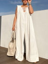 Loose Sleeveless Hollow Solid Color V-Neck Jumpsuits