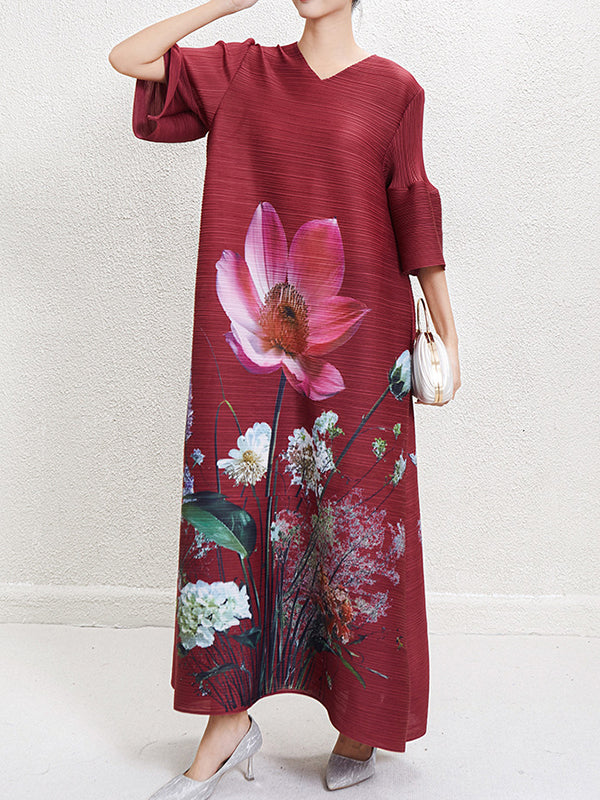 A-Line Flared Sleeves Flower Print Pleated V-Neck Maxi Dresses