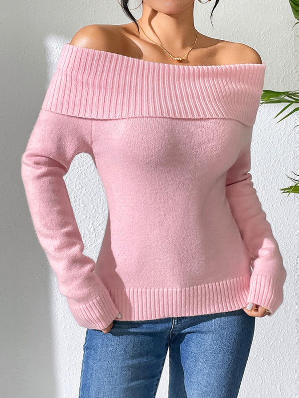 Long Sleeves Solid Color Off-The-Shoulder Pullovers Sweater Tops