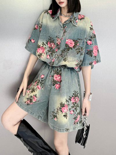 High-Low Loose Floral Printed Split-Joint Lapel Blouses&Shirts Tops