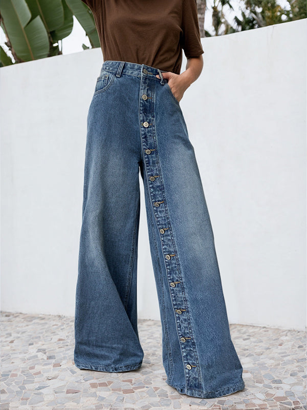 High Waisted Loose Buttoned Pockets Jean Pants Bottoms