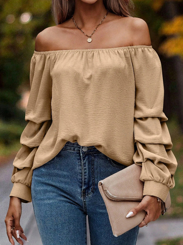 Long Sleeves Loose Elasticity Pleated Solid Color Off-The-Shoulder Blouses&Shirts Tops