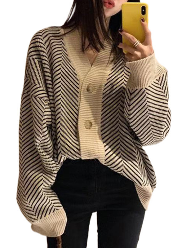 Long Sleeves Loose Buttoned Contrast Color V-Neck Cardigan Tops