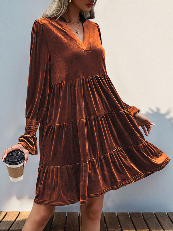 A-Line Long Sleeves Pleated Solid Color Velvet V-Neck Mini Dresses