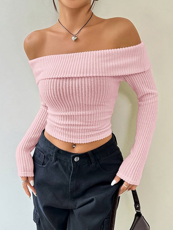 Long Sleeves Skinny Pleated Solid Color Split-Joint Off-The-Shoulder Sweater Tops