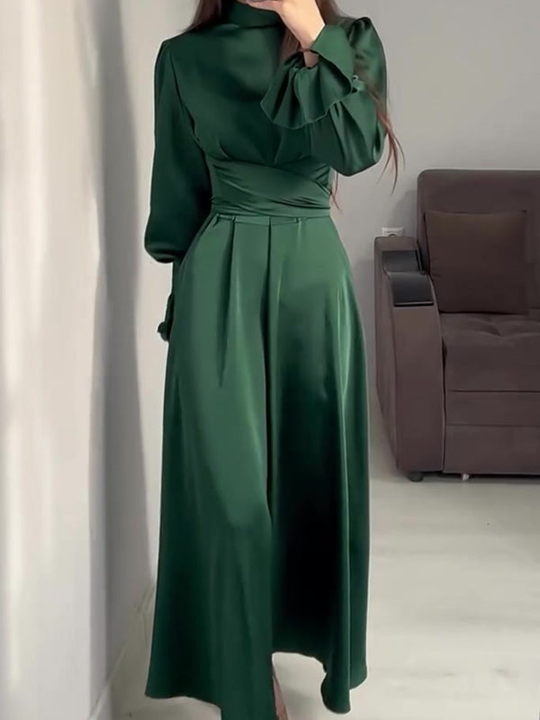 A-Line Long Sleeves Pleated Solid Color Tied Waist Zipper Mock Neck Maxi Dresses