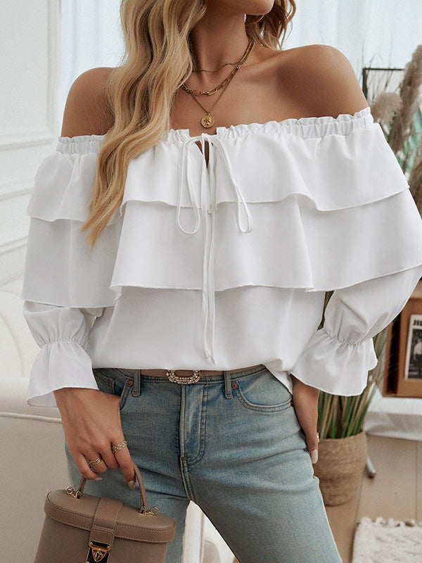 Long Sleeves Loose Layered Pleated Solid Color Split-Joint Tied Off-The-Shoulder Blouses&Shirts Tops