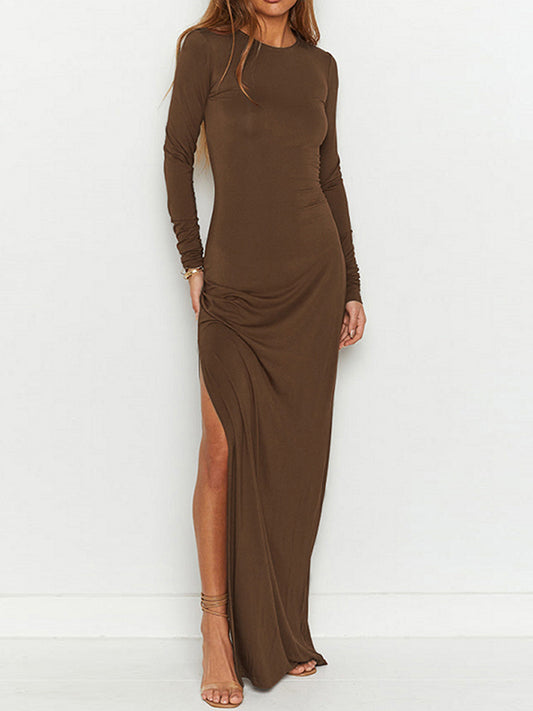 Bodycon Long Sleeves Backless Hollow Solid Color Split-Side Round-Neck Maxi Dresses