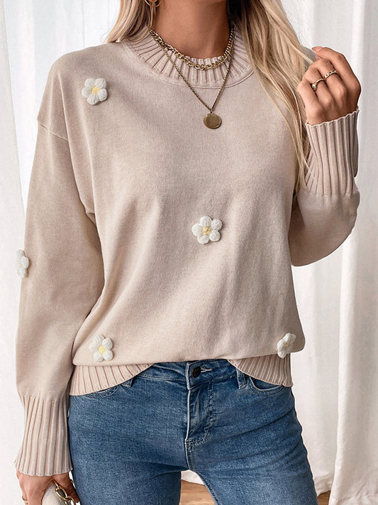 Long Sleeves Loose Split-Joint Three-Dimensional Flower Round-Neck Pullovers Sweater Tops