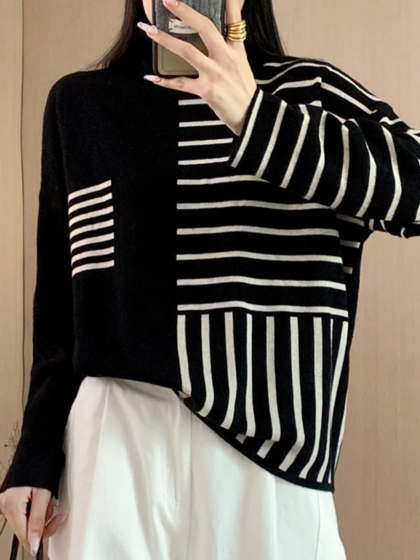 Long Sleeves Loose Contrast Color Striped High Neck Pullovers Sweater Tops