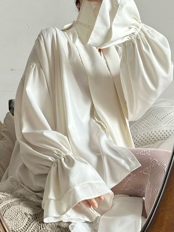 Flared Sleeves Long Sleeves Double Layered Elasticity Solid Color Tied V-Neck Blouses&Shirts Tops