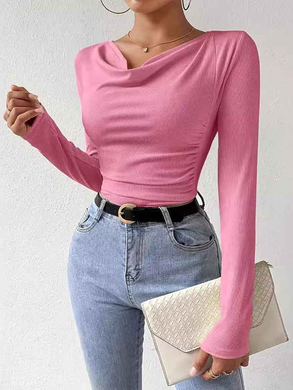 Long Sleeves Skinny Pleated Solid Color Split-Joint V-Neck T-Shirts Tops