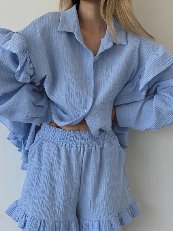 Long Sleeves Loose Buttoned Ruffle Trim Solid Color Split-Joint Lapel Blouses Tops + Elasticity Shorts Bottom Two Pieces Set