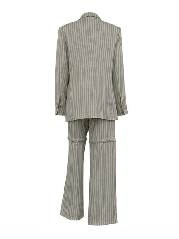 Long Sleeves Loose Buttoned Pockets Striped Notched Collar Blazer Top + Hollow Pants Bottom Two Pieces Set