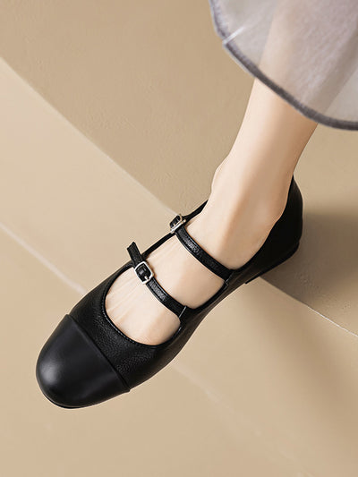 Belt Buckle Round-Toe Split-Joint Flat Shoes Mary Janes