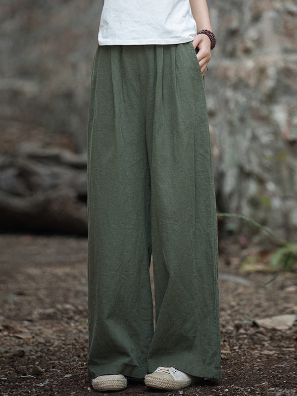 Loose Wide Leg Elasticity Pleated Pockets Solid Color Pants Trousers