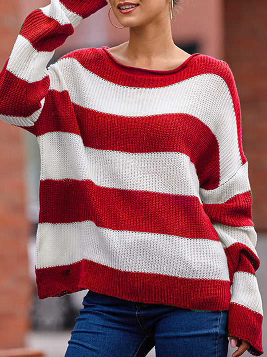 Long Sleeves Loose Contrast Color Striped Round-Neck Pullovers Sweater Tops