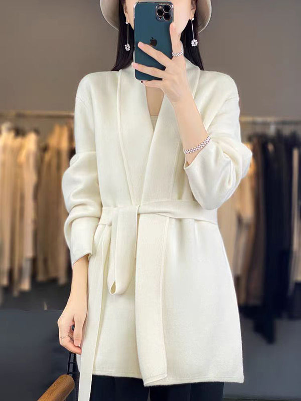 Long Sleeves Loose Solid Color Tied Waist V-Neck Cardigan Tops