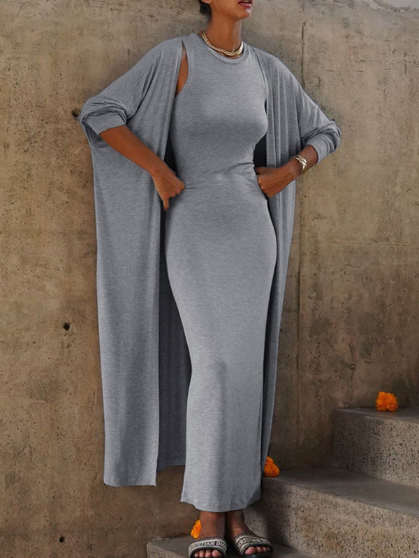 Long Sleeves Solid Color Round-Neck Inner Dress + Bodycon Outerwear Two Pieces Set