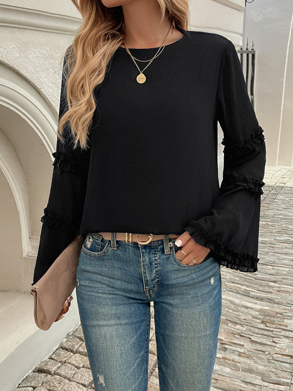 Flared Sleeves Long Sleeves Solid Color Split-Joint Round-Neck T-Shirts Tops