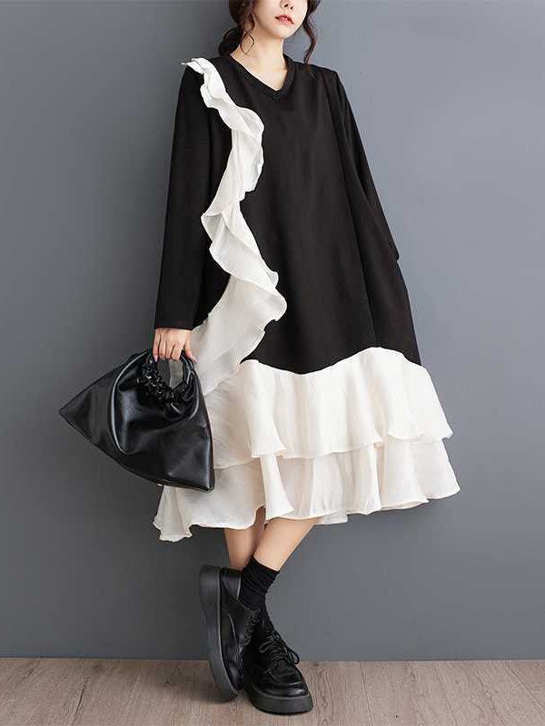 A-Line Long Sleeves Contrast Color Pockets Ruffle Trim Split-Joint V-Neck Midi Dresses