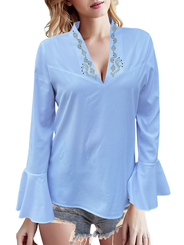 Flared Sleeves Long Sleeves Rhine Stones Solid Color V-Neck Blouses&Shirts Tops