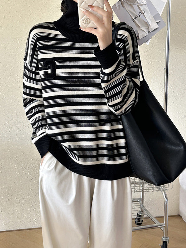 Long Sleeves Loose Contrast Color Split-Joint Striped High Neck Pullovers Sweater Tops