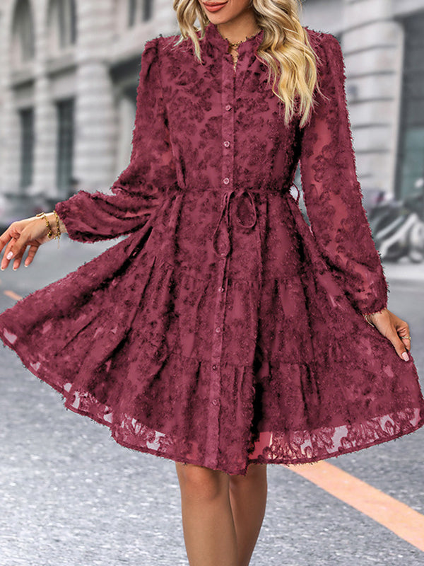 A-Line Long Sleeves Buttoned Elasticity Jacquard Pleated Solid Color Tied Waist Stand Collar Mini Dresses