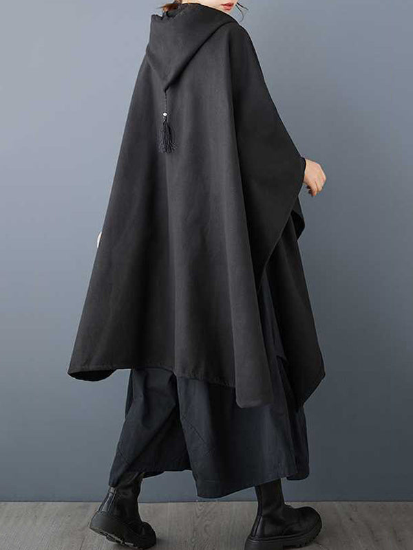 Batwing Sleeves Hooded Drawstring Pockets Split-Joint Tasseled Zipper Cape Outerwear Trench Coats