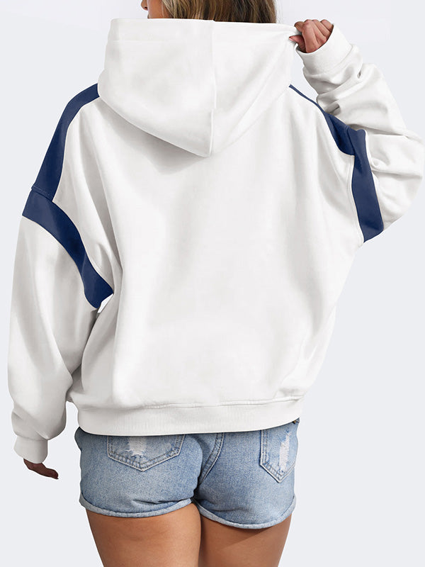 Hooded Long Sleeves Contrast Color Pockets Split-Joint Hoodies Tops