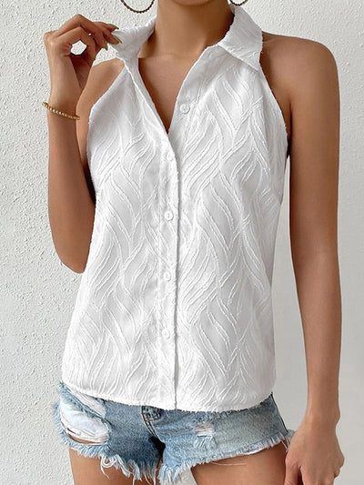 Sleeveless Jacquard See-Through Solid Color Lapel Blouses&Shirts Tops